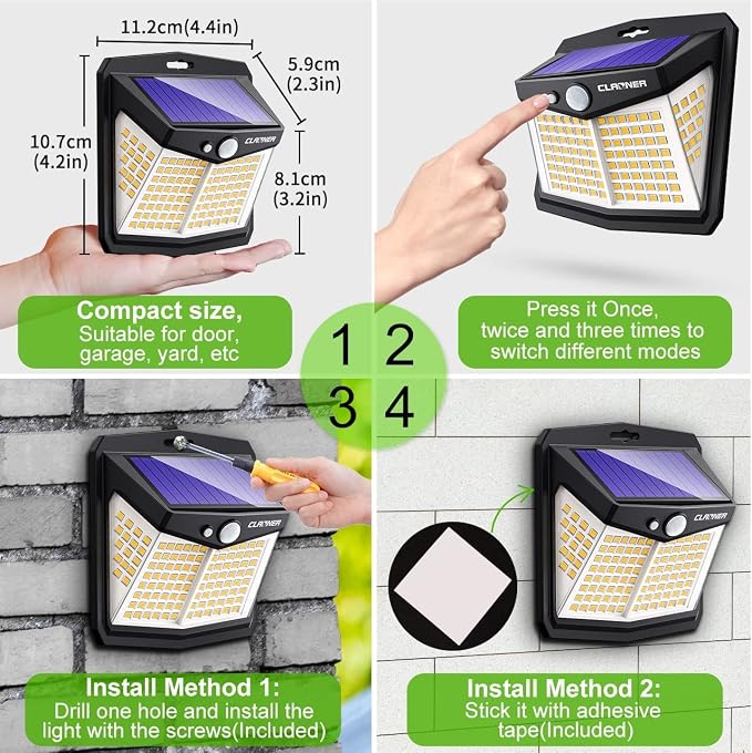 CLAONER Solar Lights Outdoor, [128 LED/6 Packs] Solar Motion Sensor Lights 3 Working Modes Outdoor Lights with 270° Wide Angle Wireless IP65 Waterproof Security Light for Fence Patio, Warm White