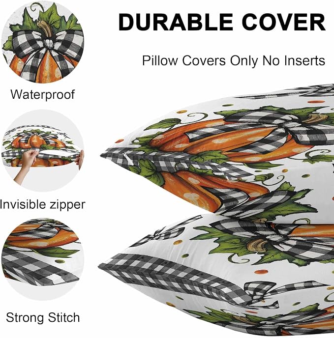 Orange Pumpkins Outdoor Waterproof Pillow Covers, Polka Dot Bow Fall Maple Leaves Plaid Decorative Square Throw Pillowcase Sofa Cushion Sham for Patio/Couch/Chair, 16"x16" 2 Pack