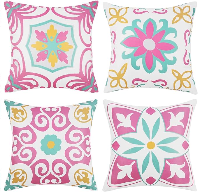 Pyonic Spring Summer Outdoor Pillows Waterproof Throw Pillow Covers Set of 4 Pink Green Floral Printed and Boho Farmhouse Outdoor Pillow Covers for Patio Funiture Garden 18x18 Inch