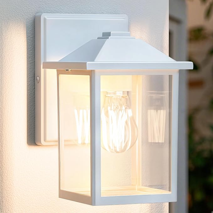 MATAMEYE Outdoor Wall Light Fixture, Exterior Waterproof Porch Lighting | White Patio Wall Lantern, Anti-Rust, Clear Glass, E26 Socket, Wall Mount Sconce Lighting, Outside Front Door Light Entryway