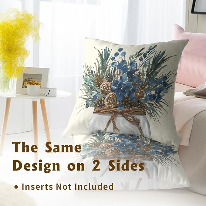 Christmas Throw Pillow Covers 22x22 Set of 2, Natural Winter Cones and Needles Pinecones Mason Jar Decorative Pillowcases Cotton Cushion Cover for Home Room Bed Sofa Couch Chair
