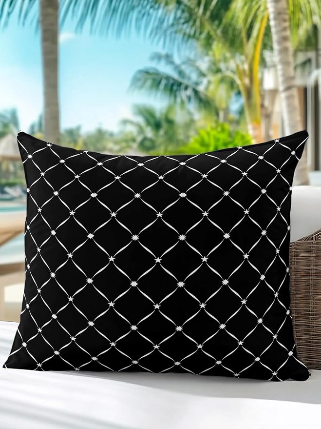 Waterproof Outdoor Pillow 1 Pack Black Grid Plaid Decorative Throw Pillows Cover & Insert 18x18 Inch Pillowcase Diagonally Crossed Lines Pillows for Couch Sofa Bed Patio Furniture Indoor Outdoor
