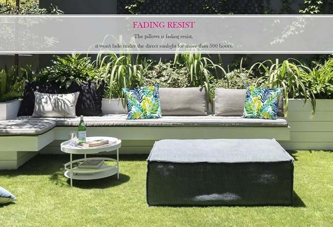Pack of 2 Outdoor Waterproof Decorative Throw Pillows with Inserts for Patio Furniture, 18x18 Inch Square Fade Resistant Patio Garden Cushions for Couch Bed Sofa, Leaves Blue and Green
