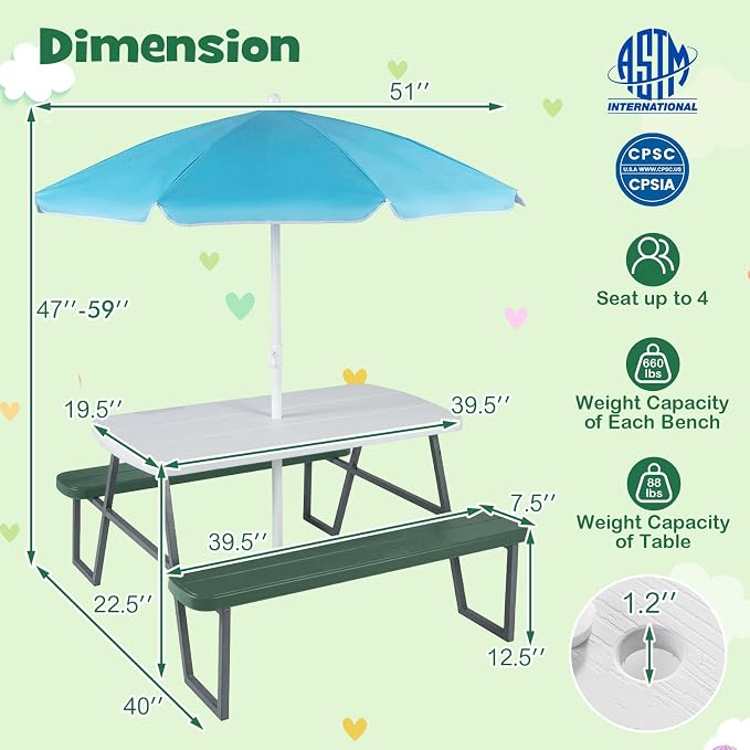 HONEY JOY Kids Picnic Table, 4 Person Toddler Outdoor Table and Chair Set, Built-in Benches, Removable Umbrella, Metal Frame & HDPE Top, Children Outdoor Furniture for Backyard Patio Garden (Green)