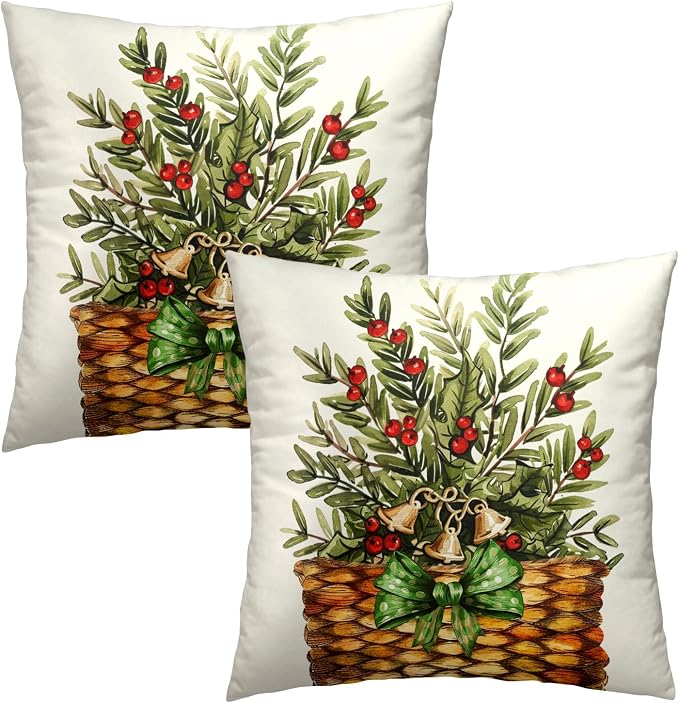 Winter Holiday Throw Pillow Covers Set of 2, 20x20 Inch Pine Branches Leaves Red Berry Basket Decorative Cotton Square Pillowcases for Sofa Bed Couch Patio Porch Home Decor