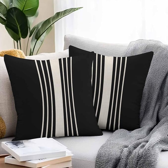 Throw Pillow Covers 20x20 Inch Set of 2, Black Beige Striped Waterproof Outdoor Cushion Covers, Modern Farmhouse Retro Lines Decorative Pillowcases for Couch, Sofa, Bed, Garden, Patio