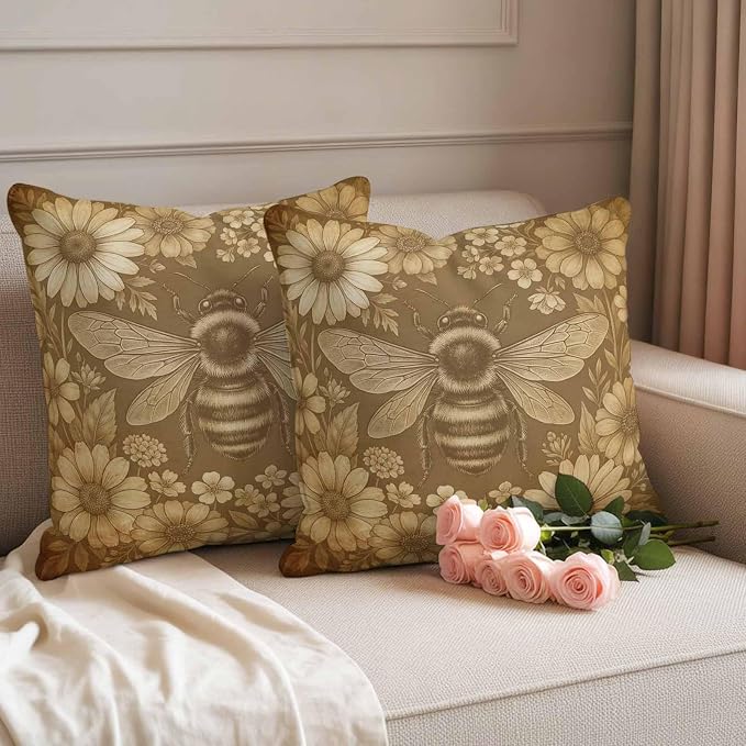 Outdoor Pillow Covers Waterproof, Brown Bee Decorative Square Throw Pillowcases Patio Cushion Covers for Tent/Garden, 16" x 16" 2 Pack, Farmhouse Vintage Animals Botanical Flowers