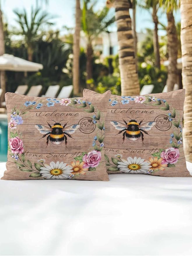 Outdoor Waterproof Throw Pillows Farmhouse Bee Flower Wreath Patio Pillows Pack of 2,Decorative Pillow Covers with Insert,Pillow Cushion Case for Garden Couch Sofa Farm Retro Wood Board