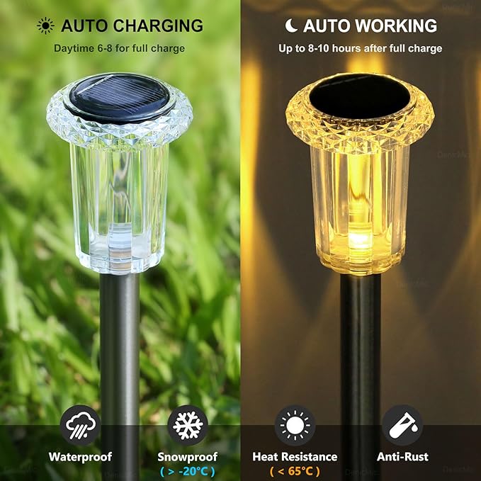 10 Pack Solar Lights Outdoor Waterproof Pathway Lights, Warm White | Stainless Steel Stake Lights for Yard Garden Walkway Driveway Sidewalk Lawn Landscape Path Outside LED Auto On/Off, Acrylic