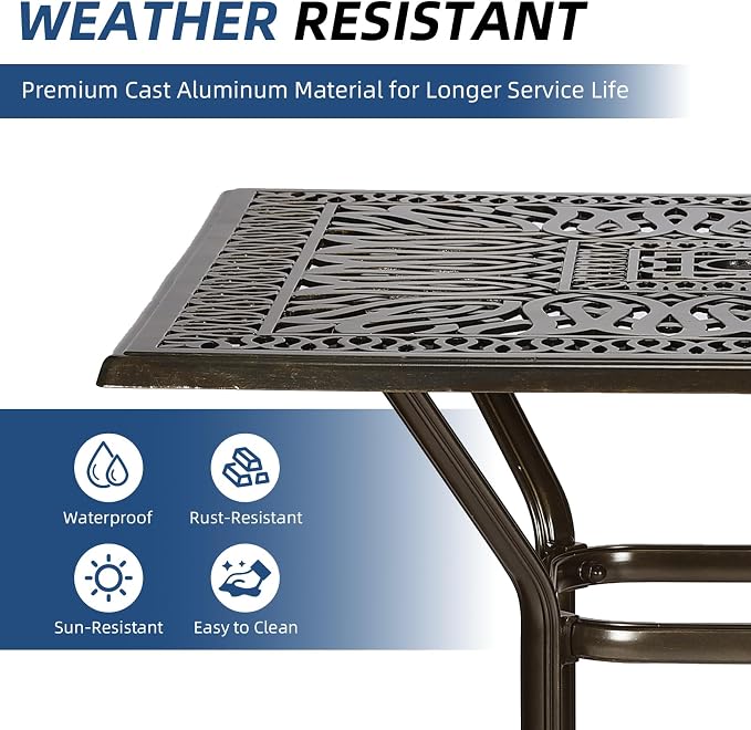 Outdoor Cast Aluminum Bar Table, 35.4" Patio Bar Height Table with 2.2" Umbrella Hole, All Weather High Top Bistro Square Dining Table for Outside Deck Porch Balcony Poolside, Dark Bronze