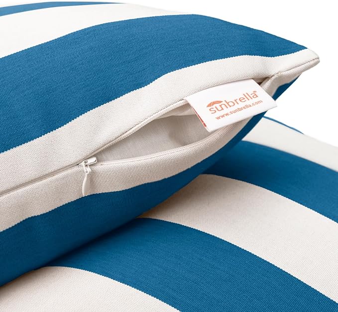 Sunbrella Cabana Stripe White/Blue, Zippered Boudoir Pillow Cover ONLY (Set of 2) Indoor/Outdoor, Fill Sold Seperately
