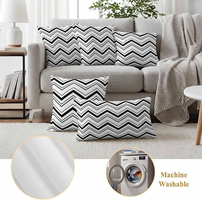 Abstract Geometric Outdoor Pillow Covers Set of 2 Ripple Stripe Chevron Black and White Waterproof Throw Pillow Cover Decorative Cushion Cases for Patio Porch Garden 16X16 Inch