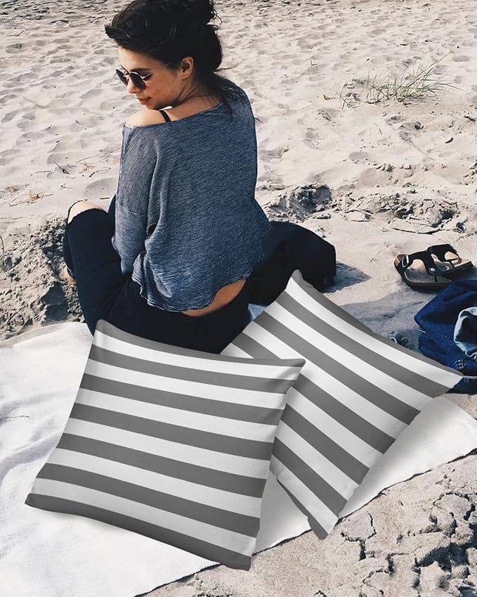 Outdoor Waterproof Pillow Covers for Patio Furniture Grey and White Stripes Decorative Throw Pillow Cover Solid Striped Pillowcases Set of 2 Cushion Case for Sofa Couch Chair 24 x 24 in