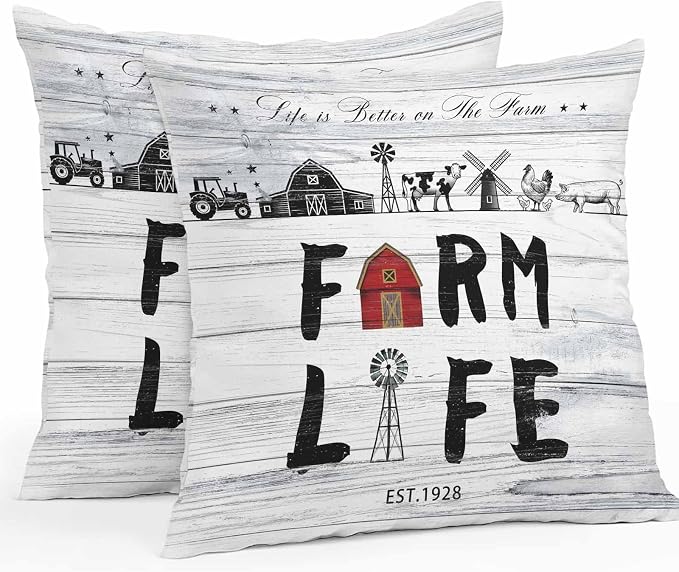 Outdoor Throw Pillows Covers 26x26 inch Set of 2 Waterproof Farm Life Decorative Zippered Cushion Covers for Patio Furniture, Farmhouse Barn Windmill Cow Chicken Tractor Wood Lumbar Pillowcases