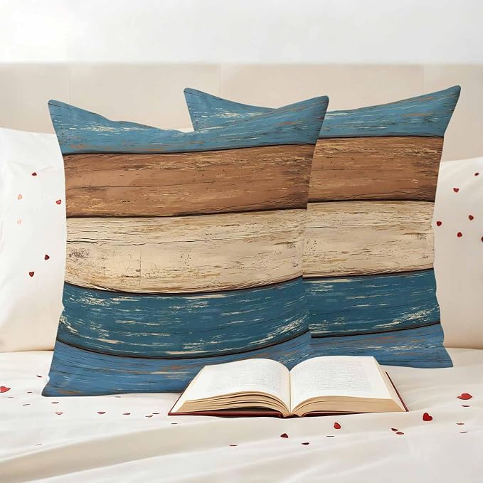 Farmhouse Navy Blue Brown Outdoor Waterproof Pillow Covers, Vintage Wooden Striped Decorative Square Throw Pillowcase Sofa Cushion Sham for Patio/Couch/Chair, 24"x24" 2 Pack