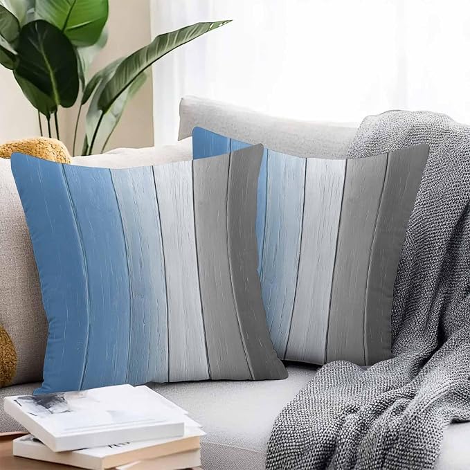 Throw Pillow Covers 16x16 Inch Set of 2, Blue Gray Ombre Waterproof Outdoor Cushion Covers, Vintage Country Wooden Decorative Pillowcases for Couch, Sofa, Bed, Garden, Patio