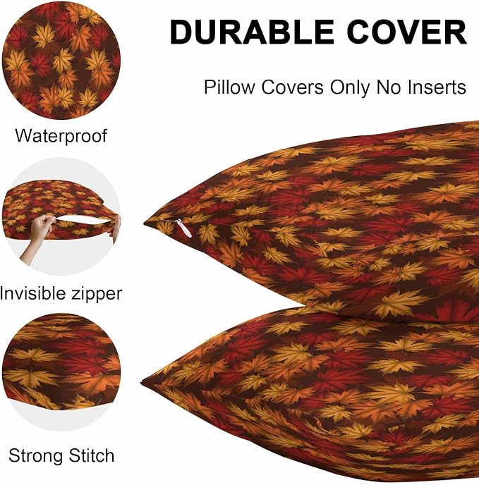 Brown Thanksgiving Outdoor Waterproof Pillow Covers, Fall Maple Leaves Farmhouse Vintage Decorative Square Throw Pillowcase Sofa Cushion Sham for Patio/Couch/Chair, 24"x24" 2 Pack