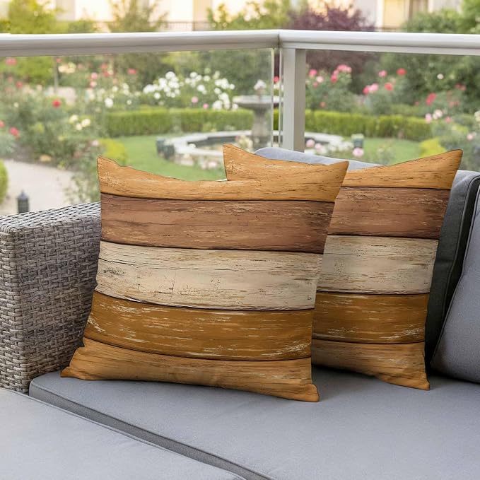 Farmhouse Yellow Brown Outdoor Waterproof Pillow Covers, Vintage Wooden Striped Decorative Square Throw Pillowcase Sofa Cushion Sham for Patio/Couch/Chair, 18"x18" 2 Pack