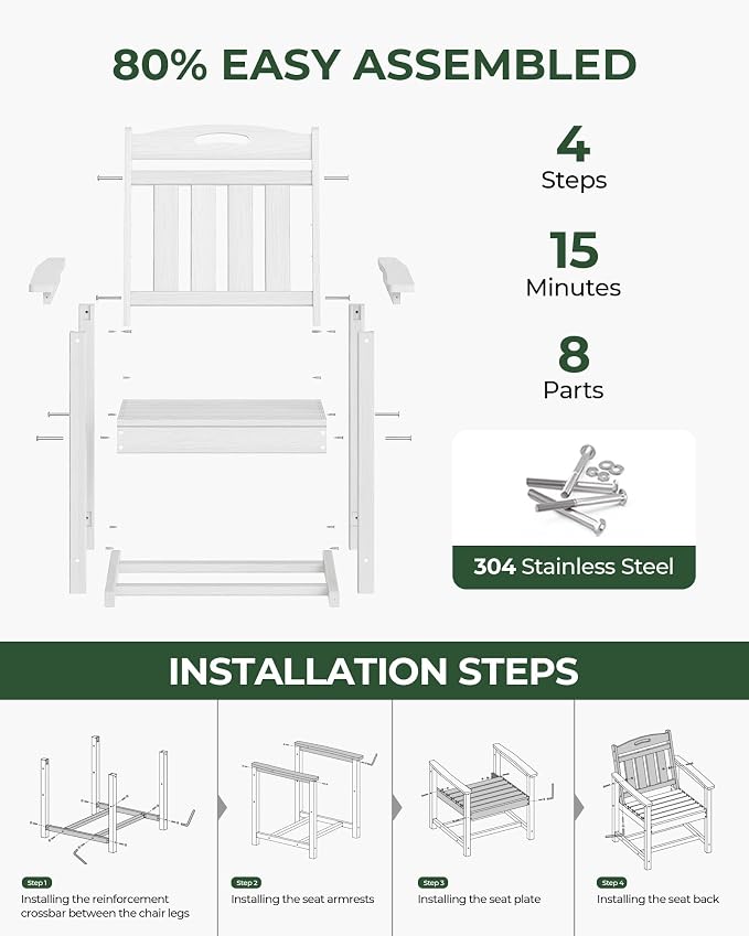 Patio Chairs, HDPE Outdoor Dining Chairs with Wide Seat, All Weather Oversized Porch Chair for Garden, Backyard, Deck - White