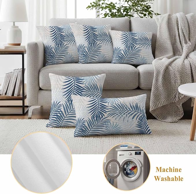 Outdoor Waterproof Throw Pillow Covers, Blue Grey Palm Leaves Decorative Pillow Cases, Summer Botanical Tropical Leaf Couch Pillow Protector Patio Sofa Cushion Covers Replacement 24"x24" 2 Pack