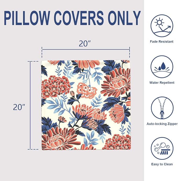 Pack of 2 Patio Throw Pillow Covers ONLY, Water Repellent Cushion Cases 20x20 Inch, Square Pillowcases for Outdoor Couch Decoration, Red Chrysanthemum