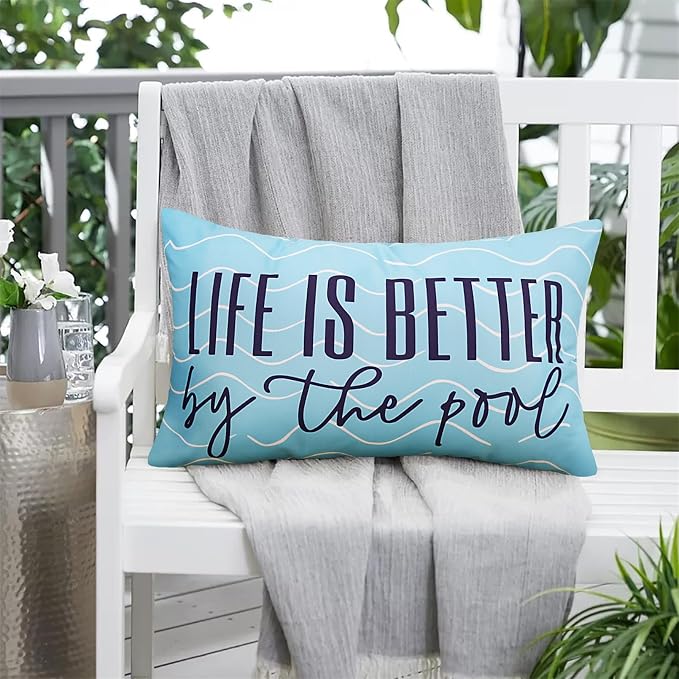 Adabana Outdoor Waterproof Lumbar Pillow Covers 12x20 Inch, Life is Better | Blue Decor Waterproof Pillow Cover Set of 2 for Patio, Porch, Garden Furniture,Life is Better by The Pool