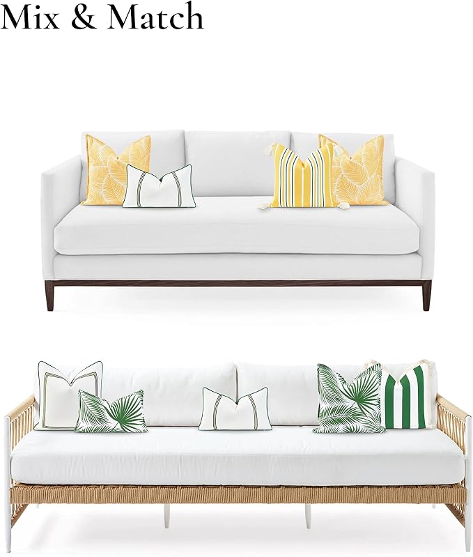 Hofdeco Premium Coastal Patio Indoor Outdoor Lumbar Pillow Cover Only, 12"x20" Water Resistant for Backyard, Couch, Green Embroidered Vertical Line