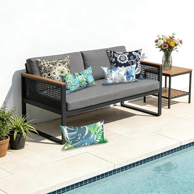 DYTXIII Pack of 2 Waterproof Outdoor Lumbar Pillow with Inserts, 12x20 in Rectangle Decorative Patio Throw Pillow for Home, Sofa,Bench and Patio Furniture, Paisley Lapis Green