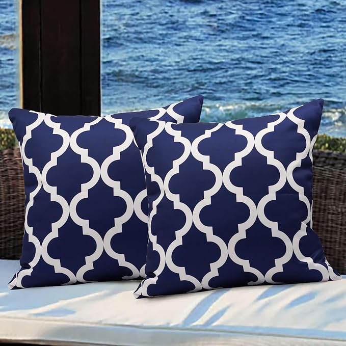 Pack of 2 Outdoor Waterproof Throw Pillow Covers 16x16 Navy Blue and White Throw Pillow Covers Outdoor Pillows Covers for Patio Furniture Garden Balcony Sunbrella Outside(No Pillow Insert)