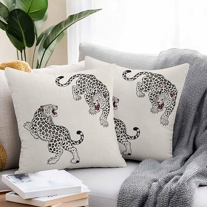 Yukro Beige Leopard Outdoor Waterproof Pillow Covers Pack of 2, Modern Style Wild Animal Rustic Linen Texture Throw Pillowcases Decorative Cushion Covers for Garden Patio Tent Sofa Couch, 20x20 inch