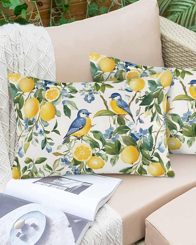 Outdoor Throw Pillow Covers Waterproof Pillow Cases 20x12In, Watercolor Lemon Bird Decorative Pillow Covers Cushion Cases for Couch Sofa Patio Garden,2 Pack Vintage Spring Blue Flower Foliage