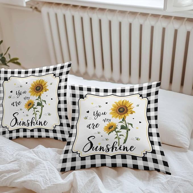 Vandarllin Outdoor Throw Pillows Covers 18X18 Set of 2 Waterproof Yellow Sunflower Bees Decorative Zippered Lumbar Cushion Covers for Patio Furniture, Black Buffalo Check Plaid