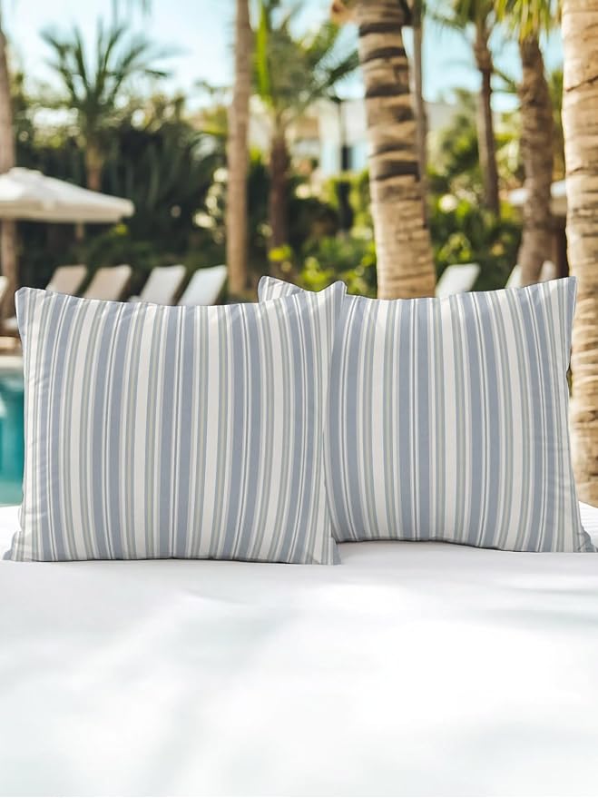 Waterproof Outdoor Pillow Set of 2 Blue Stripes Decorative Throw Pillows Cover & Insert 16x16 Inch Pillowcase White Lines Lines Square Pillows for Couch Sofa Bed Patio Furniture Indoor Outdoor