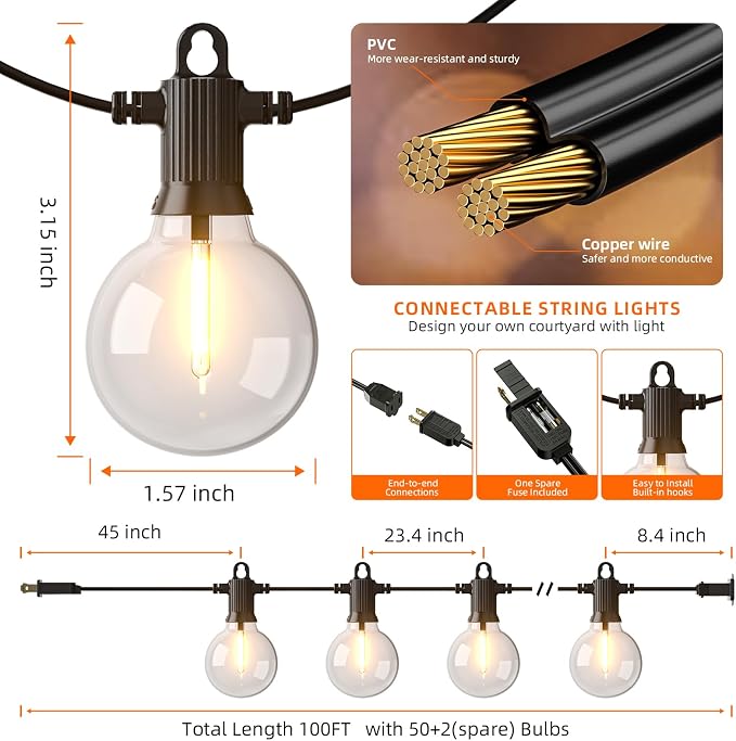 Kawaya G40 Outdoor String Lights 100FT IP65 Waterproof 2700K Patio Light | IP65 50+2 Shatterproof Edison Globe Blubs, 2700K Warm White for Garden Porch Fence Camping Party Backyard Deck Bistro Balcony