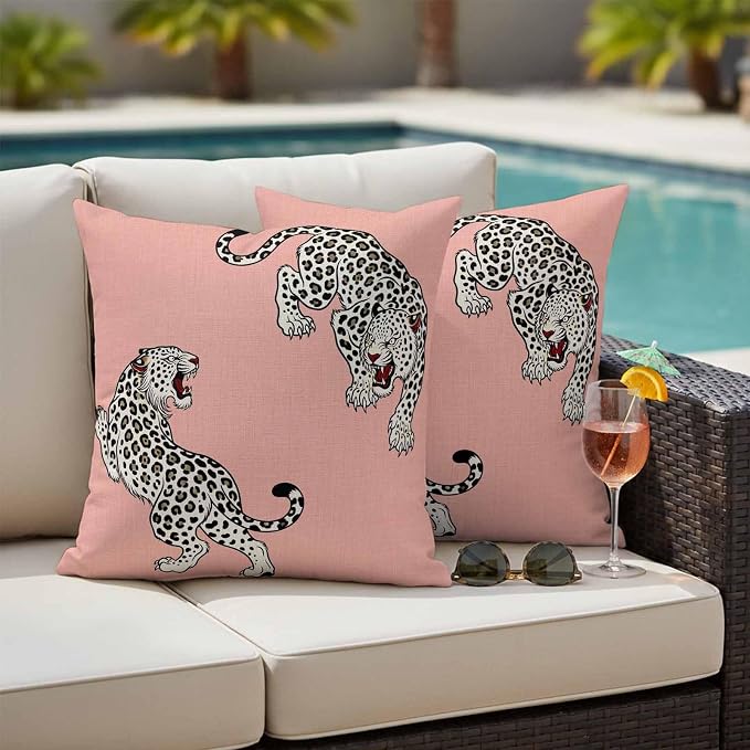 Yukro Pink Leopard Outdoor Waterproof Pillow Covers Pack of 2, Modern Style Wild Animal Rustic Linen Texture Throw Pillowcases Decorative Cushion Covers for Garden Patio Tent Sofa Couch, 18x18 inch