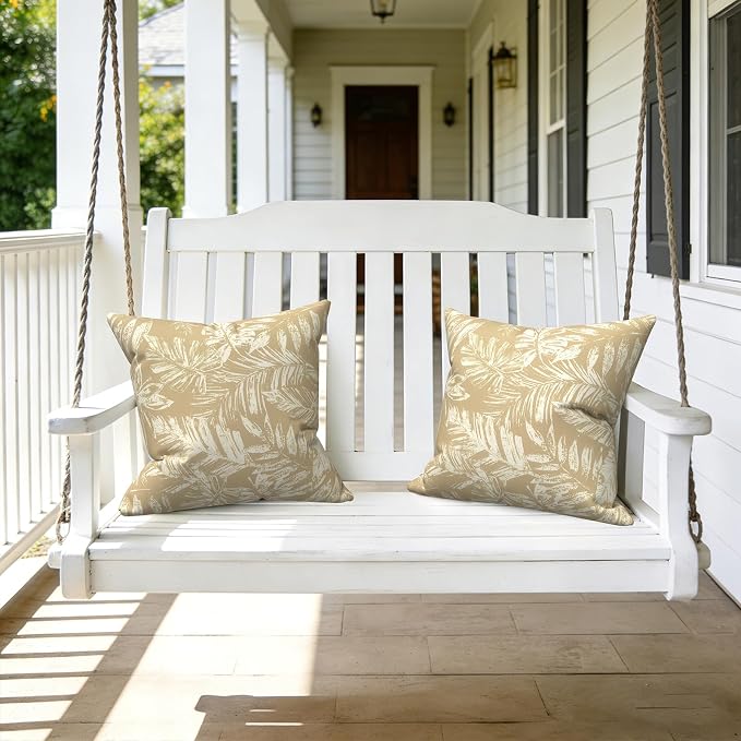 LVTXIII Outdoor Throw Pillows 16x16 Inch, Set of 2 Square Decorative Pillows with Inserts for Patio Furniture, Porch Chair, Garden Sofa, Tropical Leaf Oat