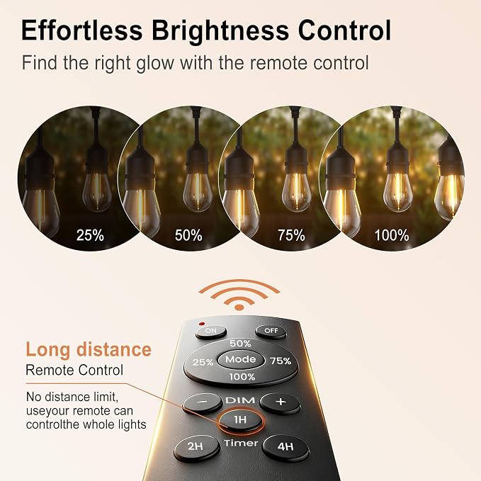 Outdoor String Lights 100FT 64+4 Bulbs(1.5 FT Apart) Remote Patio Lighting | Waterproof IP65 Linkable Outside Lights with Remote Timer&3 Modes for Commercial Backyard Bistro Garden Market Porch Balcony