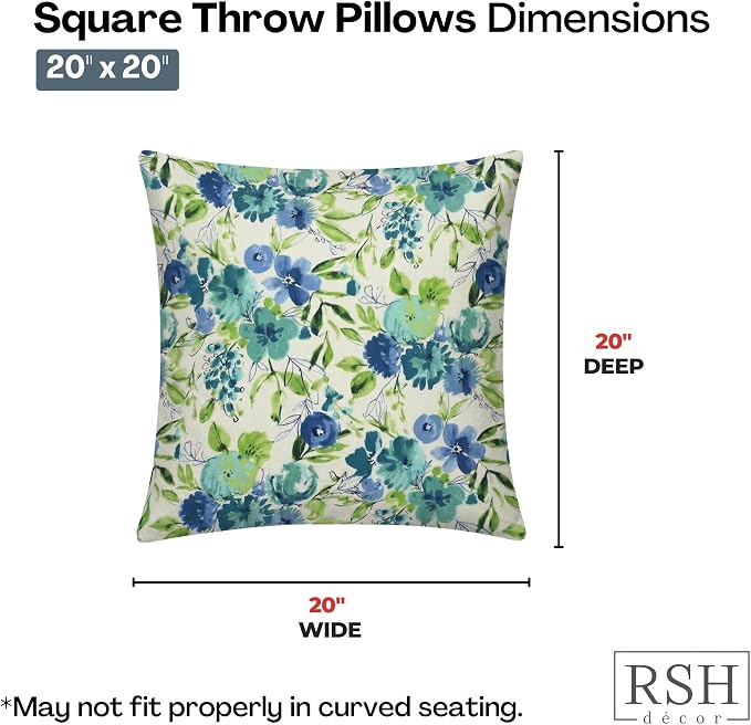 RSH DECOR Square Throw Pillows Set of 4, 20" x 20", Outdoor Pillows Waterproof, Outdoor Pillow Covers, Pillow Covers for Couch, Bettina Aqua, Made in USA