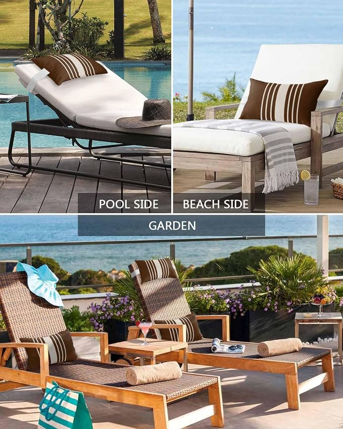 Pack of 2 Outdoor Lumbar Pillow Covers 11x16 Inch, Brown Beige Striped Waterproof Throw Pillow Covers Set, Modern Farmhouse Retro Lines Indoor&Outdoor Decorative Cushion Cases for Patio Porch Beach