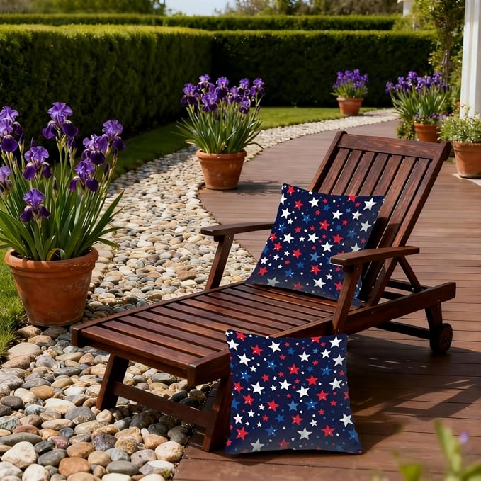 16x16 Inch Outdoor Pillow Covers Set of 2 Waterproof Throw Pillow Covers Decorative Couch Cushion Covers White Blue Red Stars Square Pillowcases Protectors for Patio Garden Sofa