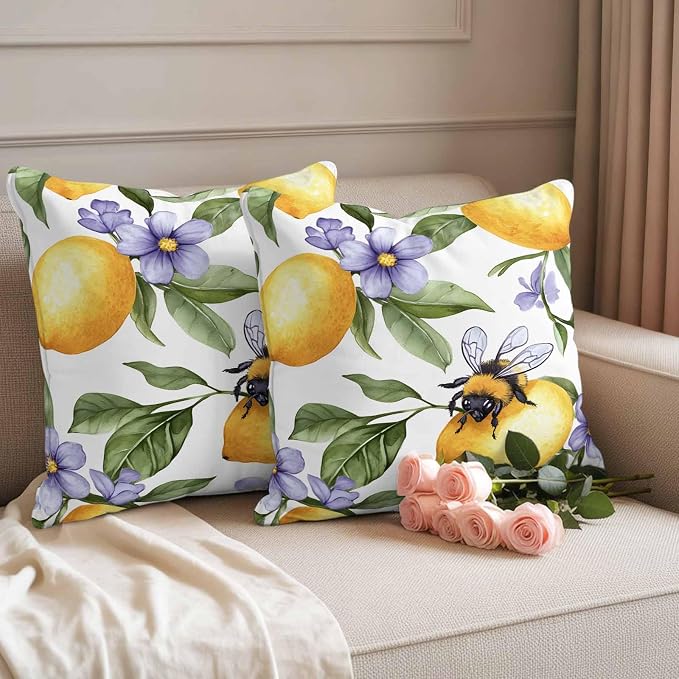 Summer Lemon Waterproof Outdoor Pillow Covers Set of 2 Home Decor, Watercolor Purple Spring Floral Bee Pillowcase Patio Pillow Covers for Couch Bench Furniture Garden 18x18in