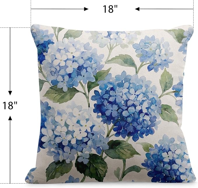 Throw Pillow Covers, Hydrangea Floral Blue, 18 x 18 Inch, Set of 2 | Flower Botanical Outdoor Waterproof Square Cushion Case Pillowcase Farmhouse Garden Decorative Pillows for Couch Beach Patio