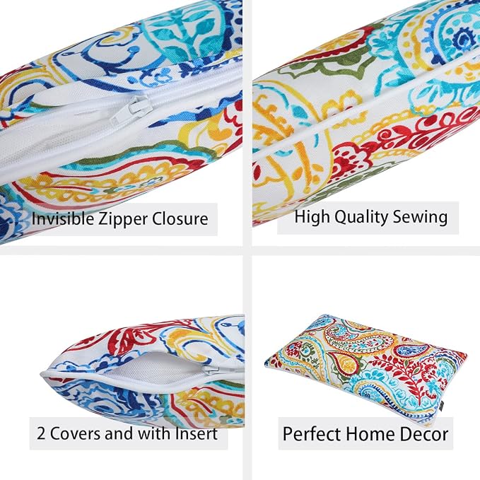 Water Resistant Outdoor Lumbar Pillows for Patio Furniture,12 x20 Inch Decorative Pillows Set of 2,with Insert,Hidden Zipper Headrests for Sofa Couch Chair(Phoenix)