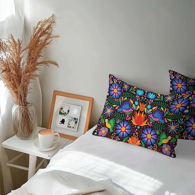 Outdoor Waterproof Throw Pillow Covers Set of 2 Colorful Mexican Floral Lumbar Pillowcases 20x12 Inches Bird Rustic Assorted Flower Decorative Pillows Cushion Case Patio Pillows for Couch Bed Chair