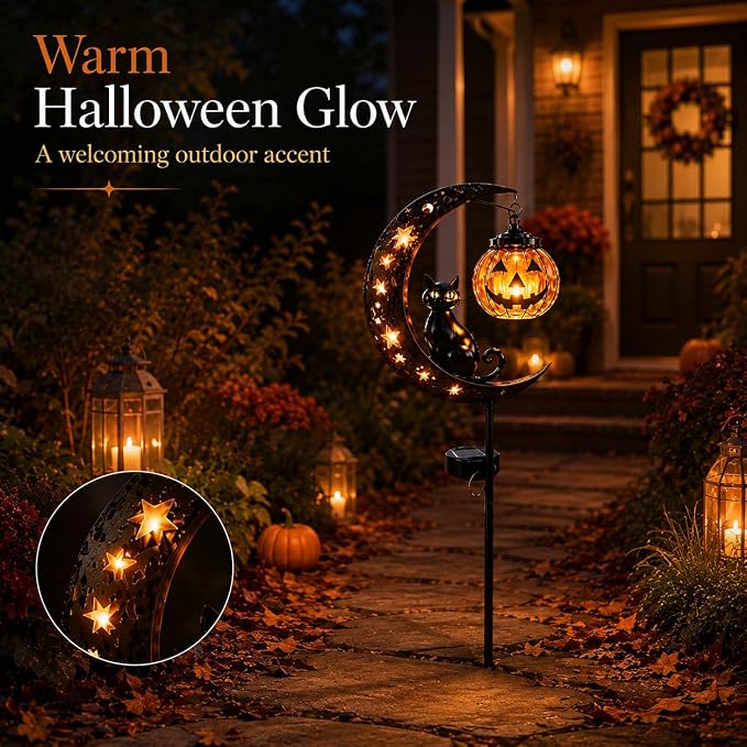 Solar Halloween Black Cat & Pumpkin Moon Garden Stake Light, Outdoor Waterproof LED Yard Decoration with Crescent Moon, Hanging Jack-o'-Lantern Lantern for Garden, Patio, Walkway, Porch(Style A)