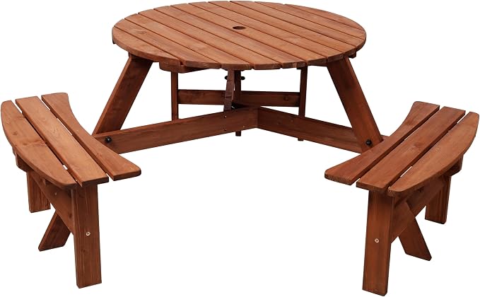 Wooden Picnic Table,Outdoor Wooden Dining Rectangle Table w/Umbrella Hole,for Patio,Garden,Backyard