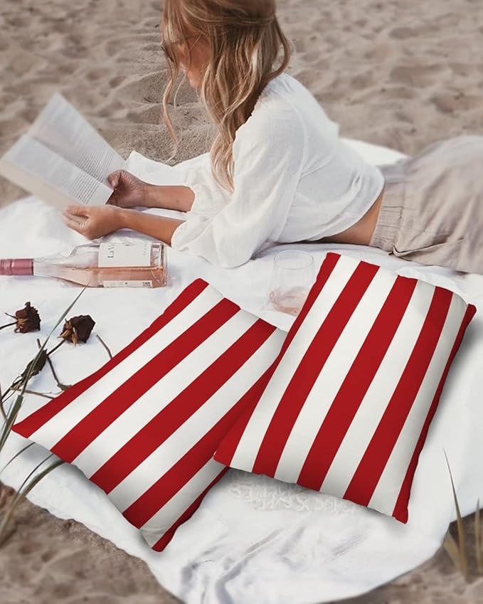 Outdoor Pillows Christmas Stripes Red Waterproof Outdoor Pillow Covers Geometric Red White Polyester Throw Pillow Covers Garden Cushion Decorative Case for Patio Couch Decoration Set of 2
