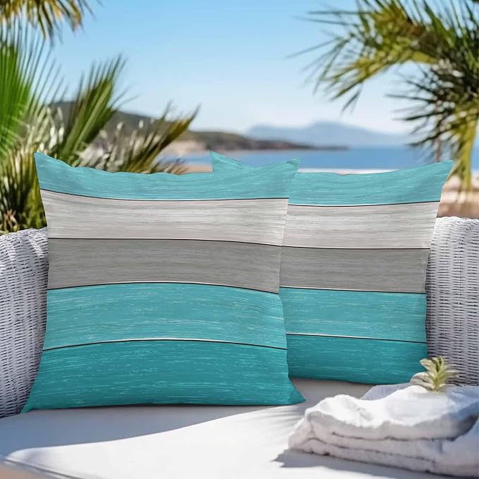 Outdoor Throw Pillow Covers 26X26 Set of 2 Waterproof Ombre Aqua Blue Gray Decorative Zippered Cushion Covers for Patio Furniture, Farmhouse Retro Rustic Barn Wood Texture Lumbar Pillowcases