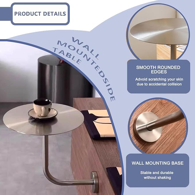 Silver Stainless Steel Round Bistro Table - Wall-Mounted Cocktail Table for Indoor/Outdoor Dining, Compact Design (19.7"x19.7"x17.7") - Perfect for Pubs & Bars