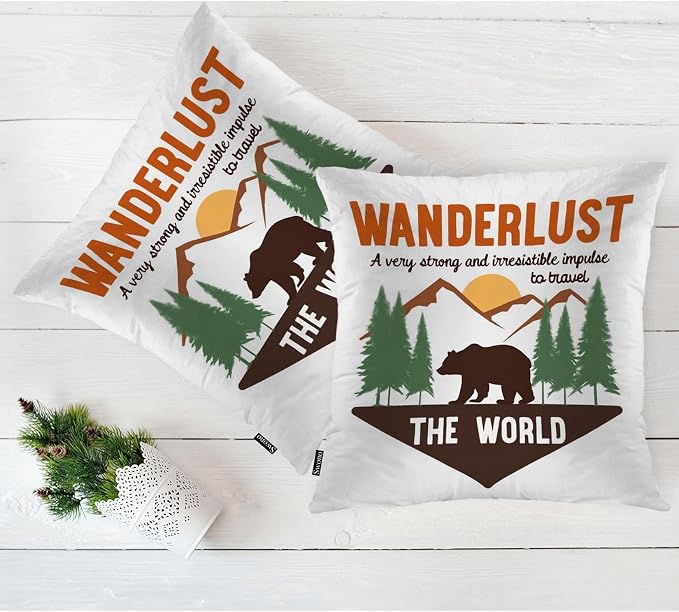 Swono Bear Cozy Pillowcase Cushion Cover, Forest Adventure Bear Wanderlust Sign Decorative Throw Pillows Covers Outdoor Pillow Case for Home Office Dorm Sofa Picnic Car 18" X 18", 2 Pack